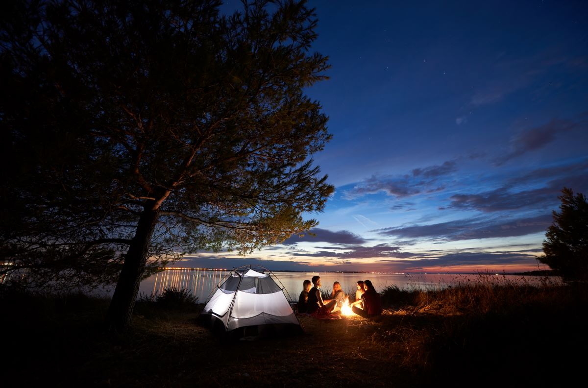 Group of five tourists having a rest on lake shore around campfire near tent under big tree 